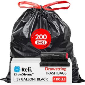 Reli. 39 Gallon Trash Bags Drawstring (200 Count Bulk) Large 39 Gallon Heavy Duty Drawstring Trash Bags – Black Garbage 39Gal Capacity, Lawn Leaf (39Gal)(1 Count (Pack of 200))