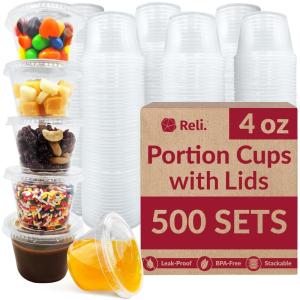 Reli. 4 oz Condiment Containers with Lids (500 sets) | Ideal for Sauce, Souffle, Samples, Jello Shot Cups | Disposable, BPA-Free Plastic | Small Containers 4oz, Bulk