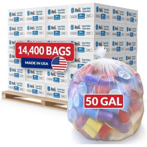 Reli. 50 Gallon Trash Bags | Heavy Duty | 14,400 Total | 200 Bags/Case, 72 Cases/Pallet | Made in USA | Clear