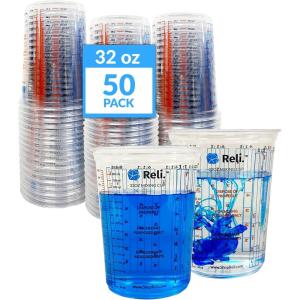 Reli. (50 Pcs) 32 oz (1 quart) Paint Mixing Cup | Disposable Measuring Cups | Clear Plastic Mixing | Use for Paint, Epoxy, Resin, Pigments (32oz)(50)