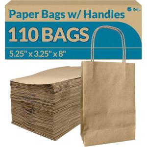 Reli. 5.25×3.25×8 in. Small Paper Bags with Handles | 110 Pack | Kraft Brown Paper Bags with Twist Handles Bulk | Ideal for Gifts, Retail, Shopping, Merchandise, Crafts