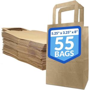 Reli. 5.25×3.25×8 in. Small Paper Bags with Handles | 55 Pack | Kraft Brown Paper Bags with Flat Handles | Ideal for Gifts, Retail, Shopping, Merchandise, Crafts
