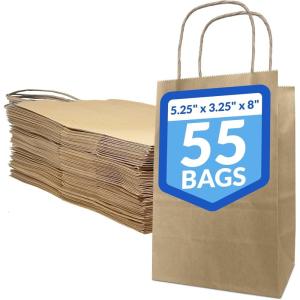 Reli. 5.25×3.25×8 in. Small Paper Bags with Handles | 55 Pack | Kraft Brown Paper Bags with Twist Handles | Ideal for Gifts, Retail, Shopping, Merchandise, Crafts