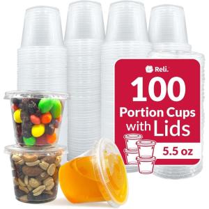 Reli. 5.5 oz Condiment Containers with Lids (100 sets) | Ideal for Sauce, Souffle, Samples, Jello Shot Cups | Disposable, BPA-Free Plastic | Small Containers 5.5oz, Bulk