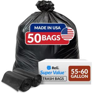 Reli. 55-60 Gallon Trash Bags Heavy Duty | 50 Bags | 50-60 Gallon | Large Black Garbage | Made in USA(1 Count (Pack of 50))