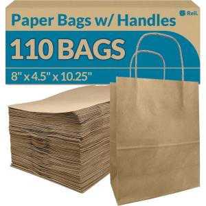 Reli. 8×4.5×10.25 in. Brown Paper Bags with Handles | 110 Pack | Kraft Brown Paper Bags with Twist Handles Bulk | Ideal for Gifts, Retail, Shopping, Merchandise, Crafts