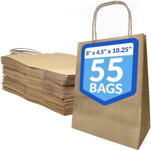 Reli. 8×4.5×10.25 in. Brown Paper Bags with Handles | 55 Pack | Kraft Brown Paper Bags with Twist Handles | Ideal for Gifts, Retail, Shopping, Merchandise, Crafts