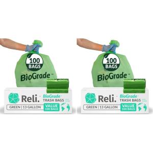 Reli. Biodegradable 13 Gallon Trash Bags | 100 Count | ASTM D6954 | Green | Eco-Friendly | Oxobiodegradable Under Certain Conditions (See Product Description)(100 Count (Pack of 2))