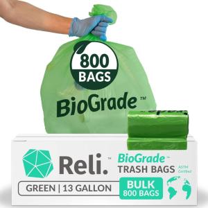 Reli. Biodegradable 13 Gallon Trash Bags | 800 Count Bulk | ASTM D6954 | Green | Eco-Friendly | Oxobiodegradable Under Certain Conditions (See Product Description)(1 Count (Pack of 800))