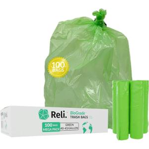 Reli. Biodegradable 40-45 Gallon Trash Bags | 100 Count | ASTM D6954 | Green | Eco-Friendly | Oxobiodegradable Under Certain Conditions (See Product Description)