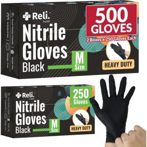 Reli. Black Nitrile Gloves, Medium | 500 Pack Heavy Duty Disposable Gloves (5 mil) | Powder Free, Latex Free | Single-Use | Premium Nitrile Material for Automotive, Cleaning, Cooking | Food Safe