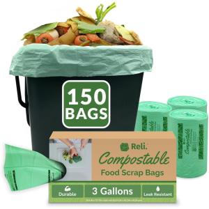 Reli. Compost Bags 3 Gallon (150 Count) | ASTM D6400 | Compostable Trash Bags for Food Scraps | Small Composting Liners for Kitchen Compost Bin/Countertop Bin | Green, Eco for Food Waste, 3 Gal(1 Count (Pack of 150))