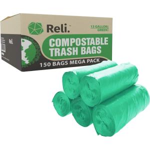 Reli. Compostable 13 Gallon Trash Bags | 150 Count Bulk | ASTM D6400 | Green | Eco-Friendly | For Compost