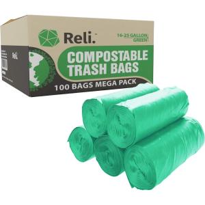 Reli. Compostable 16-25 Gallon Trash Bags | 100 Count Bulk | ASTM D6400 | Green | Eco-Friendly | For Compost