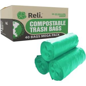 Reli. Compostable 33 Gallon Trash Bags | 40 Count | ASTM D6400 | Green | Eco-Friendly | For Compost