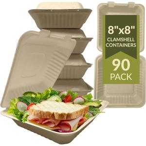 Reli. Compostable Clamshell To-Go Containers (90 Pack), 8×8 Inch | 1 Compartment | Disposable Take Out Food Containers/To Go Boxes | Biodegradable To Go Containers | Bagasse Clam shell | Brown 8×8