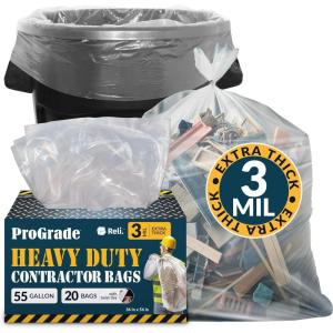 Reli. Contractor Garbage Bags 55 Gallon | 20 Trash Bags | Heavy Duty | Clear Contractor