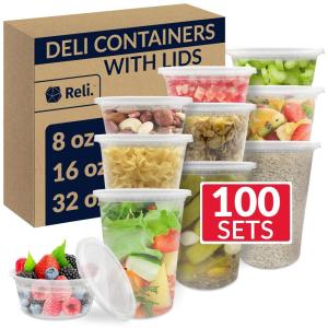 Reli. Deli Containers with Lids (100 Sets) 8oz, 16oz, 32oz Variety Pack | Disposable Plastic Food Storage Containers for Soup | BPA Free Microwave Freezer Safe | 8oz (40 pc) 16oz (40pc) 32oz (20 pc)