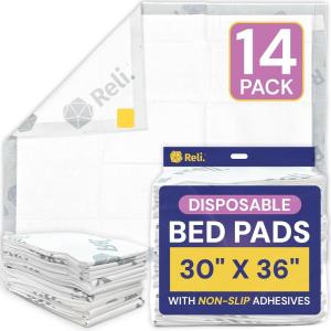 Reli. Disposable Bed Pads (14 Pack) | 30″ x 36″ | XL Bed Pads Disposable Adult Incontinence Sheets w/ Non-Slip Adhesives | Absorbent Peepad for Adults, Seniors, Puppy | Waterproof Underpads