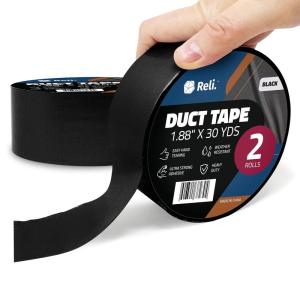 Reli. Duct Tape, Black | 1.88″ x 60 Yards Total (2 Rolls, 30 Yds Each) | Heavy Duty Duct Tape – Waterproof, Tear by Hand | Repairs, Construction, Bundles, Piping,Box Sealing (Black)