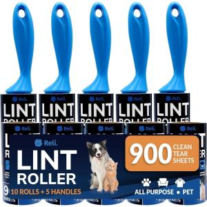 Reli. Lint Rollers for Pet Hair Extra Sticky, 900 Sheets Total | Dog & Cat Hair Remover | 10 Rolls + 5 Reusable Handles, 90 Sheets Per Roll | Lint Remover for Clothes, Couch | Easy Peel Sheets | Bulk
