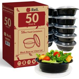 Reli. Meal Prep Bowls w/Lids – 50 Pack (16 oz) | Disposable Bowls with Lids | Microwave/Freezer Safe
