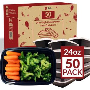 Reli. Meal Prep Containers 24 oz. | 50 Pack | 1 Compartment Food Container w/Lids | Microwavable Food Storage, To Go | Black Reusable Bento Box/Lunch Box for Meal Prep