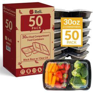 Reli. Meal Prep Containers, 30 oz. (50 Pack) – Black 2 Compartment Food Container with Lid, Microwavable Food Storage | Black Reusable Bento Box/Lunch Box for Meal Prep (30 oz)