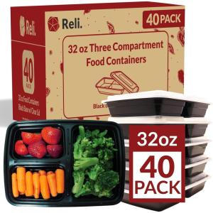 Reli. Meal Prep Containers, 32 oz. | 40 Pack | 3 Compartment Food Container w/Lids | Microwavable Food Storage, To Go | Black Reusable Bento Box/Lunch Box for Meal Prep