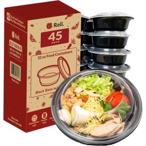 Reli. Meal Prep Containers, 32 oz. | 45 Pack | Reusable Meal Prep Bowls/Food Containers | Microwavable Bowls with Airtight Lids, Black Food Storage