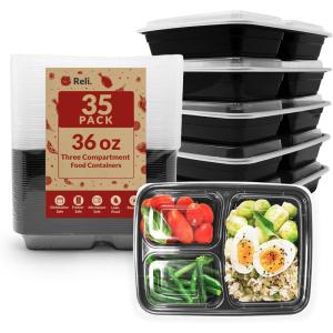 Reli. Meal Prep Containers 36 oz (35 Pack) 3 Compartment Meal Prep Containers Reusable | Plastic Take Out Food Box, Microwavable | Boxes with Lids for Takeout, To Go, Leftover