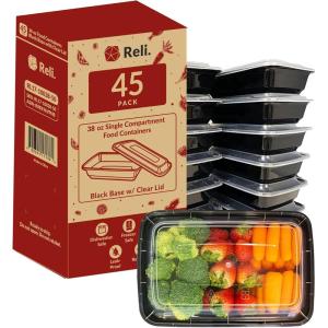 Reli. Meal Prep Containers, 38 oz. | 45 Pack | Large 1 Compartment Food Container w/Clear Lids | Microwavable Food Storage | Black Reusable Bento Box/Lunch Box for Food/Meal Prep