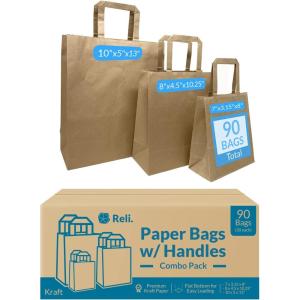 Reli. Paper Bags with Handles, Kraft | 90 Pcs Total (30 Pcs Each Size) – Bulk | Paper Bag Combo Pack – 7×3.15×8-8×4.5×10.25-10x5x13 | Retail, Shopping, Gifts & Business
