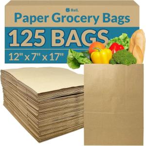 Reli. Paper Grocery Bags (125 Pcs Bulk) (12x7x17) 70 Lbs Basis, Extra Heavy Duty | Brown Paper Bag, Large Grocery Kraft Sacks -Takeout, Restaurant, Retail, Shopping(12x7x17 | 125 Pack)