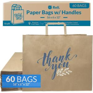 Reli. Paper Shopping Bags w/Handles | 60 Pcs | Large 16″x6″x12″ | Kraft Brown Paper Bags with Handles | Printed Thank You, Large | Take Out/To Go, Retail, Shopping Tote, Restaurant, Grocery