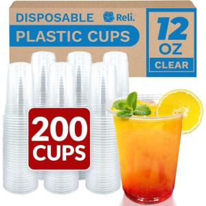 Reli. Plastic Cups 12 oz (200 Pack) | Clear Plastic Cups Disposable | PET Clear Disposable Bulk | 12 oz PET Containers for Iced Coffee, Smoothies, Cold Drinks, Party