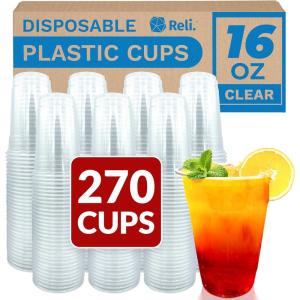 Reli. Plastic Cups 16 oz (270 Pack) | Clear Plastic Cups Disposable | PET Clear Disposable Bulk | 16oz PET Drinking Containers for Party, Iced Coffee, Cold Drinks, Smoothies, To Go