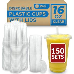 Reli. Plastic Cups with Lids 16 oz | 150 Sets | Clear Plastic Cups with Lids | To Go, Leak Proof | Use for Smoothies, Iced Coffee(150)