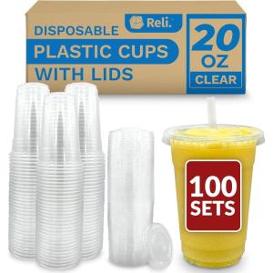 Reli. Plastic Cups with Lids 20 oz | 100 Sets | Clear Plastic Cups with Lids | To Go, Leak Proof | Use for Smoothies, Iced Coffee(100)