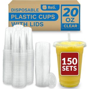Reli. Plastic Cups with Lids 20 oz | 150 Sets | Clear Plastic Cups with Lids | To Go, Leak Proof | Use for Smoothies, Iced Coffee(150)