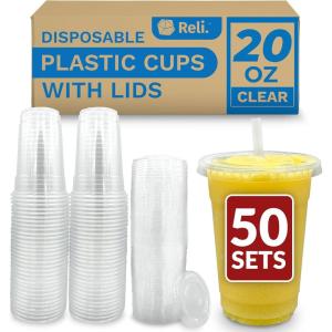 Reli. Plastic Cups with Lids 20 oz | 50 Sets | Clear Plastic Cups with Lids | To Go, Leak Proof | Use for Smoothies, Iced Coffee