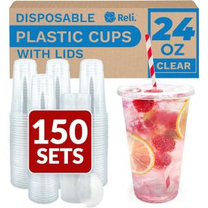 Reli. Plastic Cups with Lids 24 oz (150 Sets) | Clear Plastic Cups with Lids | PET Clear Disposable Bulk | PET Containers with Flat Tops for Party, Iced Coffee, Smoothies, To Go Drinks