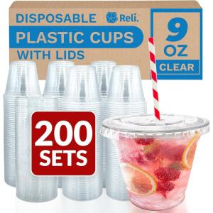 Reli. Plastic Cups with Lids 9 oz (200 Sets) | Clear Plastic Cups with Lids | 9 oz Disposable PET Bulk | PET Container Clear with Flat Tops for Party, Desserts, Coffee, To Go Drinks(9 oz)