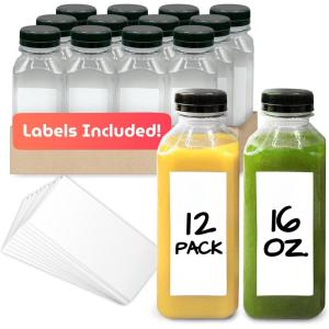 Reli. Plastic Juice Bottles [12 Pack] [16 oz] Square 16 oz Plastic Bottles with Caps & Sticker Labels | Clear, Empty for Drinks 16oz | Disposable, Reusable Containers for Juicing, Smoothies