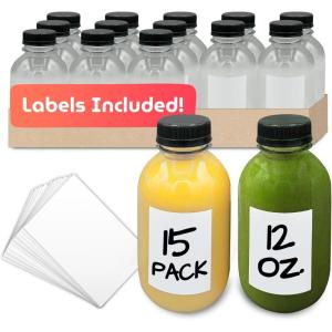 Reli. Plastic Juice Bottles [15 Pack] [12 oz] Round Plastic Juice Bottles with Caps & Sticker Labels | Clear, Empty for Juicing 12oz | Disposable, Reusable Containers for Juicing, Smoothies