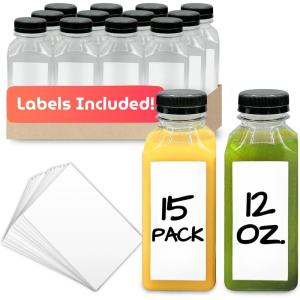 Reli. Plastic Juice Bottles [15 Pack] [12 oz] Square Plastic Juice Bottles with Caps & Sticker Labels | Clear, Empty for Juicing 12oz | Disposable, Reusable Containers for Juicing, Smoothies