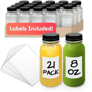Reli. Plastic Juice Bottles [21 Pack] [8 oz] Round Plastic Juice Bottles with Caps & Sticker Labels | Clear, Empty for Juicing 8oz | Disposable, Reusable Containers for Juicing, Smoothies