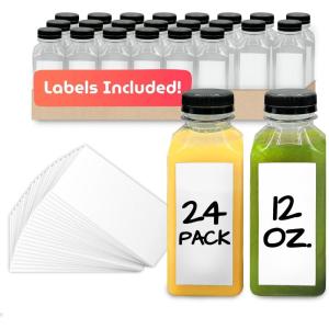 Reli. Plastic Juice Bottles [24 Pack] [12 oz] Square Plastic Juice Bottles with Caps & Sticker Labels | Clear, Empty for Juicing 12oz | Disposable, Reusable Containers for Juicing, Smoothies(24)