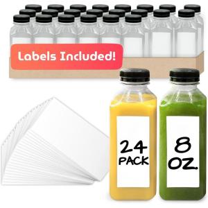 Reli. Plastic Juice Bottles [24 Pack] [8 oz] Square Plastic Juice Bottles with Caps & Sticker Labels | Clear, Empty for Juicing 8oz | Disposable, Reusable Containers for Juicing, Smoothies
