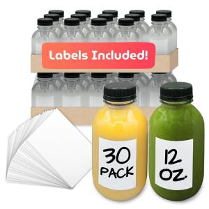 Reli. Plastic Juice Bottles [30 Pack Bulk, 12 oz] Round Plastic Juice Bottles with Caps & Sticker Labels | Clear, Empty for Juicing 12oz | Disposable, Reusable Containers for Juicing, Smoothies